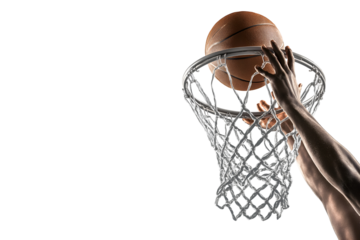 Slam dunk action shot with basketball going through the net for sports advertising or design use