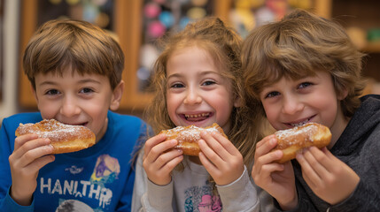 Children eating Hanukkah donuts. Three joyful children enjoying pastries while smiling indoors