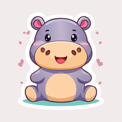 Fototapeta premium Cute hippo sitting and smiling with hearts floating around on a white surface, radiating joy and warmth.