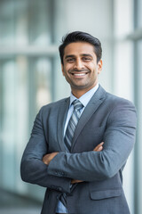 Confident young businessman smiling with arms crossed in office  