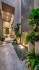 Luxurious outdoor space with waterfall, plants, and leading walkway to a sitting area