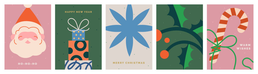 Greeting cards for Christmas and New Year. Xmas festive poster designs with Santa Claus, winter holiday gifts, presents, holly branch, candy cane, typography. Modern flat vector illustrations set.