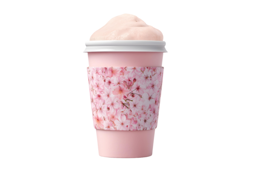 Sakura latte art in pink cup with floral design, perfect for spring promotions and cafe menus