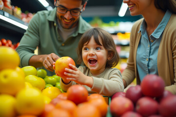 Fototapeta premium Child reaching for fruit in supermarket. Toddler exploring produce with parents. Family shopping for fresh fruit.