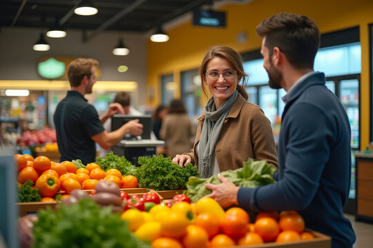 Customer selecting produce at market counter. Woman choosing vegetables at supermarket. Friendly market interaction at produce stand. - Powered by Adobe