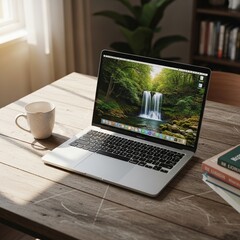 Laptop displaying waterfall scene on wooden table with mug books and plant in background indoors