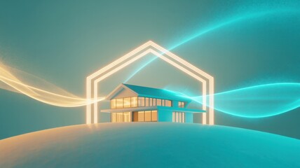 Modern house design with abstract light waves surrounding it.