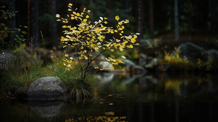 Autumn birch with yellow foliage beside forest lake, close-up with rock. Shallow depth creates serene, mysterious wilderness feeling. Suitable for meditative content and natural art.