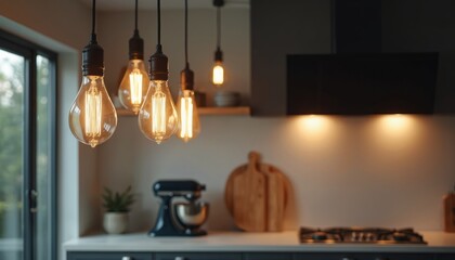 Modern kitchen interior with vintage Edison filament bulbs hanging above a counter. A stand mixer and wooden cutting boards are visible on the surface.