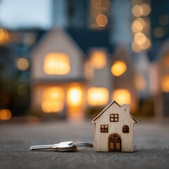 Miniature wooden house with keys, blurry background of illuminated houses at dusk