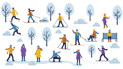 People Enjoying Winter Sports And Outdoor Activities Illustration