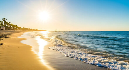 A sunny beach with gentle waves lapping the shore and palm trees lining the coastline at sunset ai generated