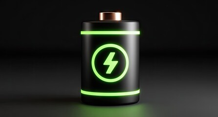 A 3D rendered, glowing green battery icon, sleek black body, copper top, on a dark backdrop