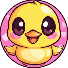 Naklejka premium Cute cartoon yellow duckling smiling with hearts background 