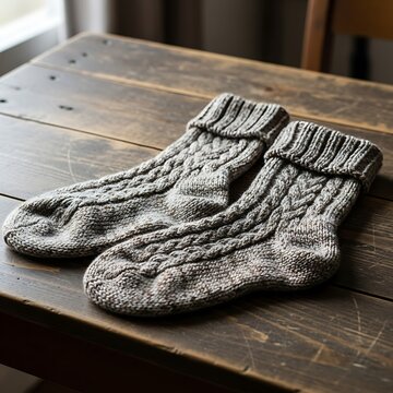 Cozy Knitted Socks on Wooden Table.