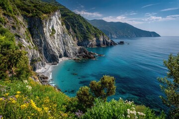 Obraz premium Coastal landscape with dramatic cliffs, turquoise water, and lush vegetation under a clear sky
