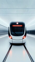 Sleek, high speed train gliding through luminous tunnel, showcasing cutting edge transportation design with dynamic lighting and streamlined silhouette