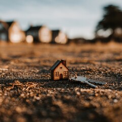 A miniature house with keys rests on the ground, with blurred homes in the background