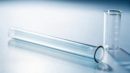 Clear glass laboratory equipment with test tube and measuring cylinder for science and education