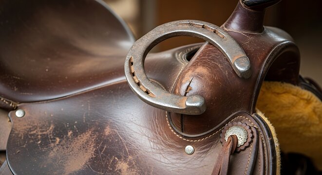 Close-up of a rustic leather horse saddle with a horseshoe.