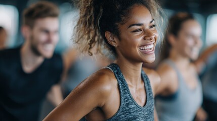 Fototapeta premium Group fitness session featuring employees exercising together in an open gym area promoting physical wellness and teamwork.
