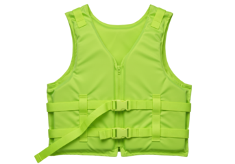 Isolated lime-green personal flotation device, life jacket, with adjustable straps, safety