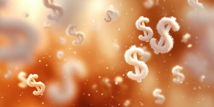3D-rendered image showing several fluffy dollar signs floating in an orange, hazy environment