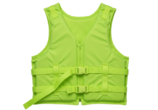 Isolated lime-green personal flotation device, life jacket, with adjustable straps, safety