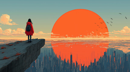 Journey into the Unknown – Woman Standing on Cliff Watching the Rising Sun over Futuristic City Background Content template