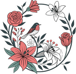 Delicate Songbird in a Floral Wreath Elegant Botanical Illustration of Blossoming Roses Lilies and Leaves in Soft Coral and White Tones