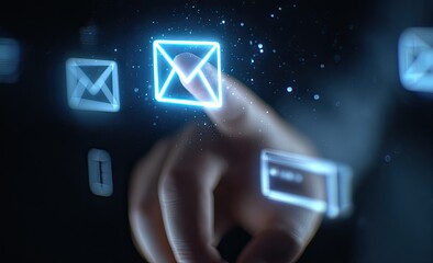 A hand touches a glowing email icon among other digital icons, representing communication
