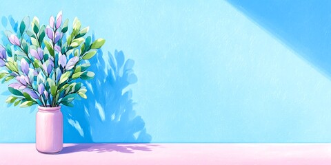 A beautiful bouquet of flowers in a pink vase against a pastel blue background, showcasing vibrant colors and shadows.