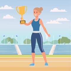 Female runner holding award &mdash; flat vector illustration