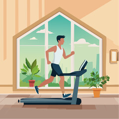 Man running on treadmill burning calories &mdash; flat vector illustration