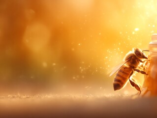 A bee collects nectar from a vibrant flower, contributing to nature's pollination process in a warm, golden environment.