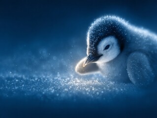 A charming penguin chick nestled in soft snow, showcasing its fluffy feathers and delicate beauty against a blue backdrop.