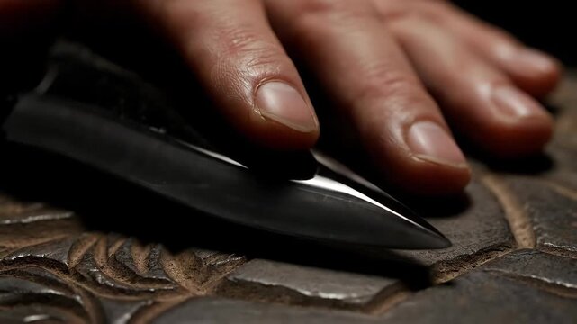 Close up of a Black Obsidian Blade on Carved Stone