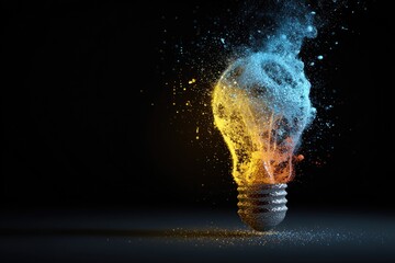 Exploding lightbulb, emitting vibrant orange and blue particles against a dark, black background