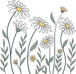Whimsical Daisies in Bloom  Minimalist Hand Drawn Wildflower Illustration with Soft Green Leaves and Yellow Petals