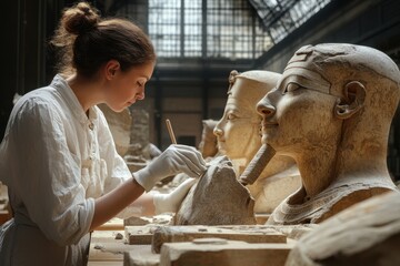 Conservation of ancient Egyptian sculptures in a historic museum setting by an expert restorer
