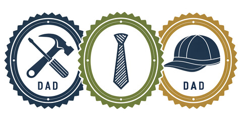 Celebrate Dad with these Father's Day themed icons featuring a hammer, tie, and baseball cap for cards, gifts, and heartfelt messages