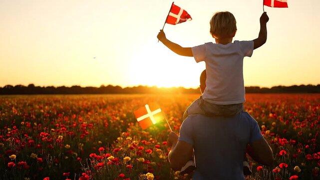 Father and son with Danish flags in a field at sunset.