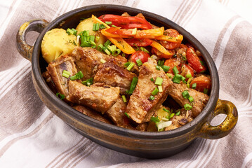 Georgian Ojakhuri Pork with Potatoes and Peppers in Clay Pot