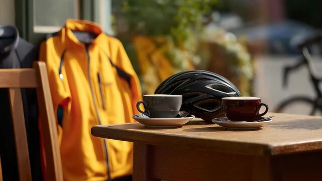 This image depicts a cozy caf&eacute; setting with cycling gear and coffee, creating an inviting atmosphere for relaxation and socialization amongst cyclists and coffee lovers.