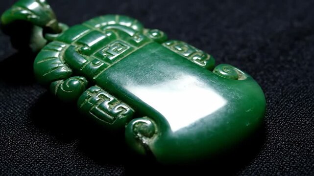 Examining a Beautiful Green Jade Pendant With Intricate Carvings on a Black Surface