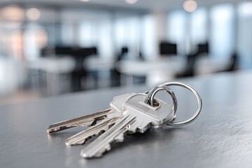 Close-up shot of three keys on a silver surface, blurred office interior background