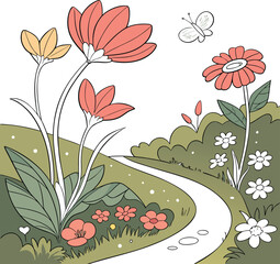 Beautiful Spring Landscape with Blooming Flowers and Butterfly in Vector Style