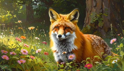 Fototapeta premium A beautiful fox in a vibrant meadow filled with colorful flowers