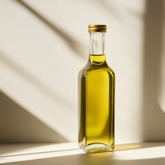 A bottle of olive oil sits on a table in the sunlight. The bottle is clear and has a gold cap. The sunlight casts a warm glow on the bottle, making it look inviting and delicious