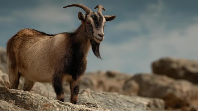 A curious goat stands confidently on rocky terrain, showcasing its adorable features and resilient spirit, making it a perfect emblem of nature's charm and adaptability in wildlife.